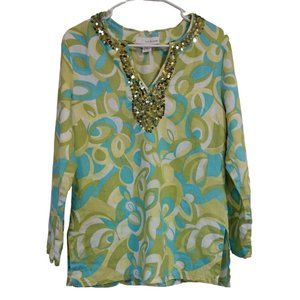 Lucy And Laurel Top Womens Small Vintage Linen Long Sleeve Sequin